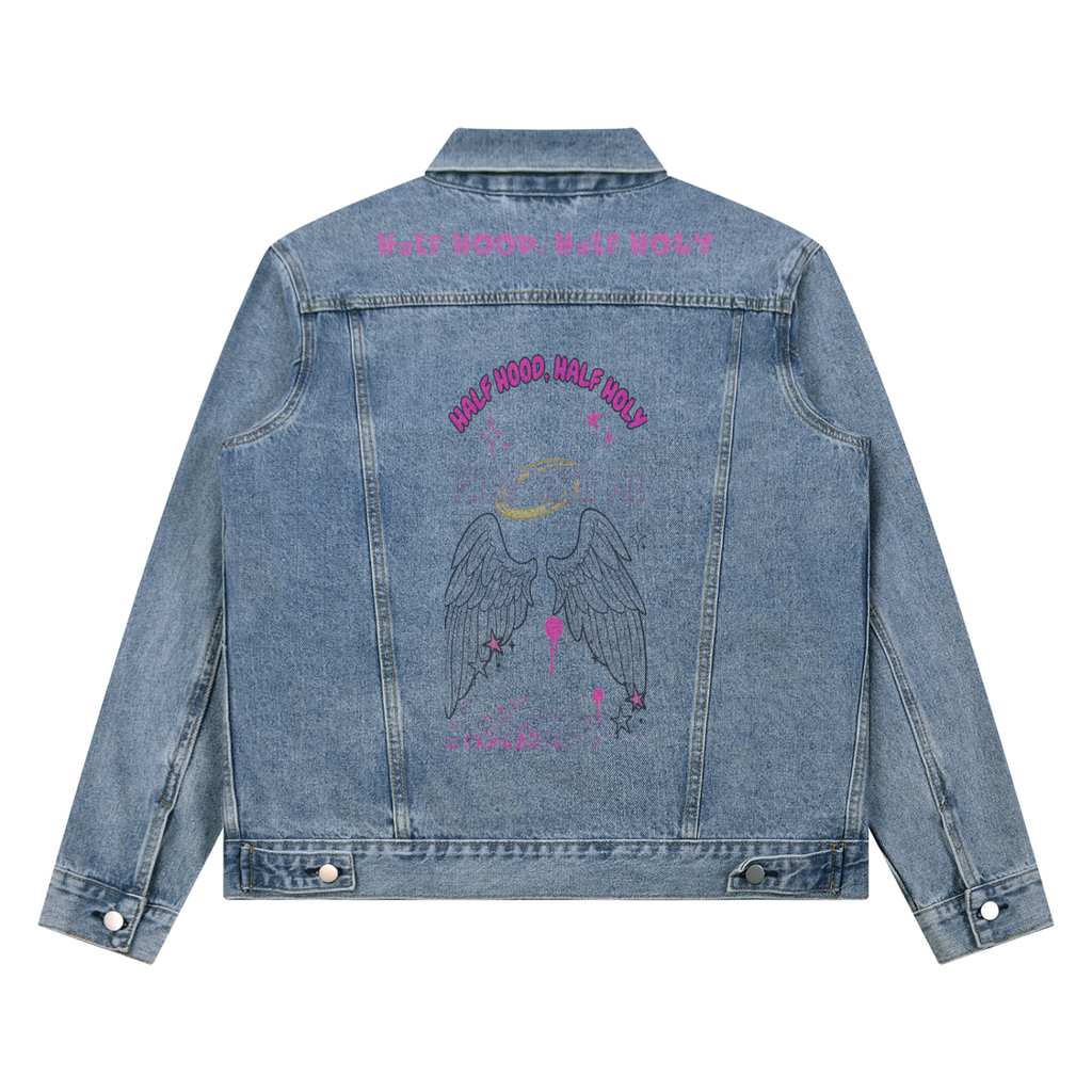Unisex Vintage Wash Denim Jacket Half Hood Half Holy