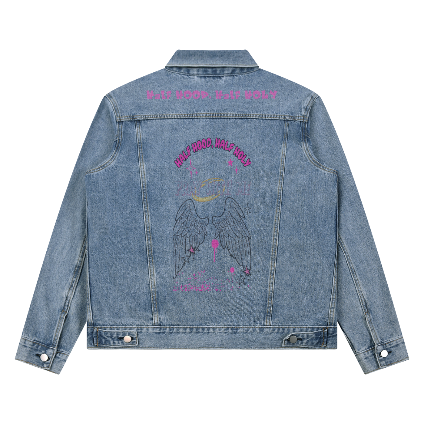 Unisex Vintage Wash Denim Jacket Half Hood Half Holy